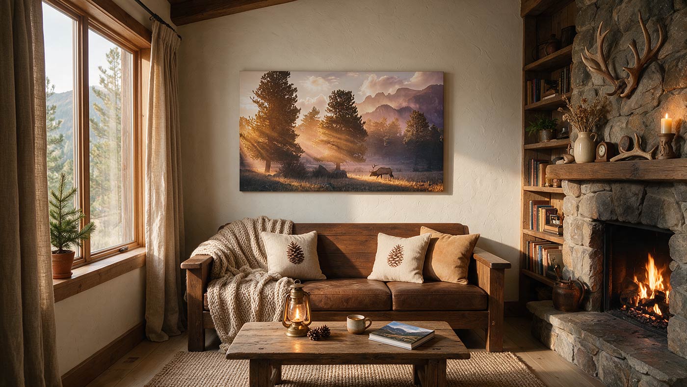 Panoramic elk wall art featuring a golden sunrise over a mountain forest, displayed in a living room.