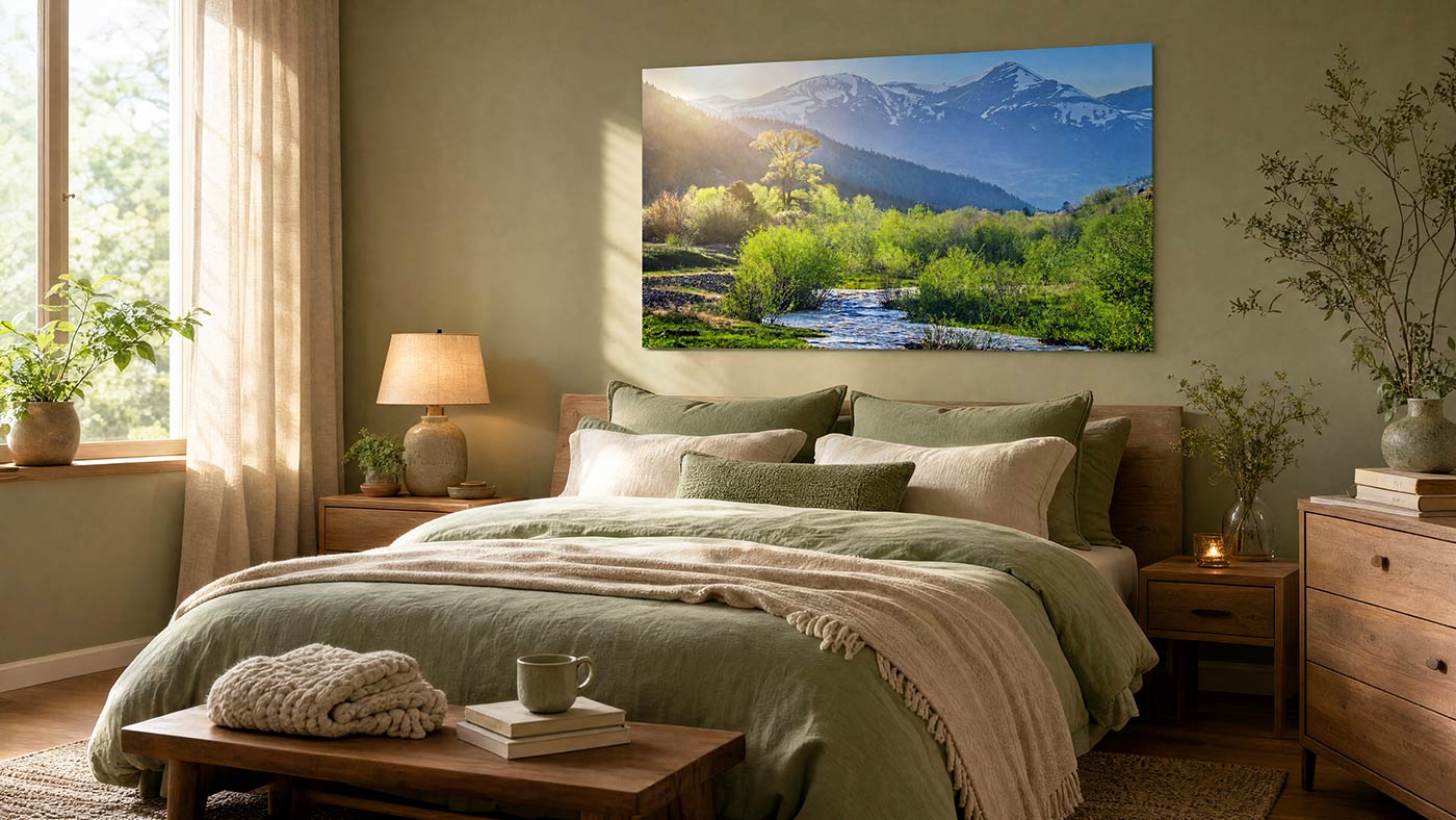 A large rectangular wall art print showing a mountain landscape with green trees and a flowing stream, displayed above a neatly made bed in a softly lit bedroom.