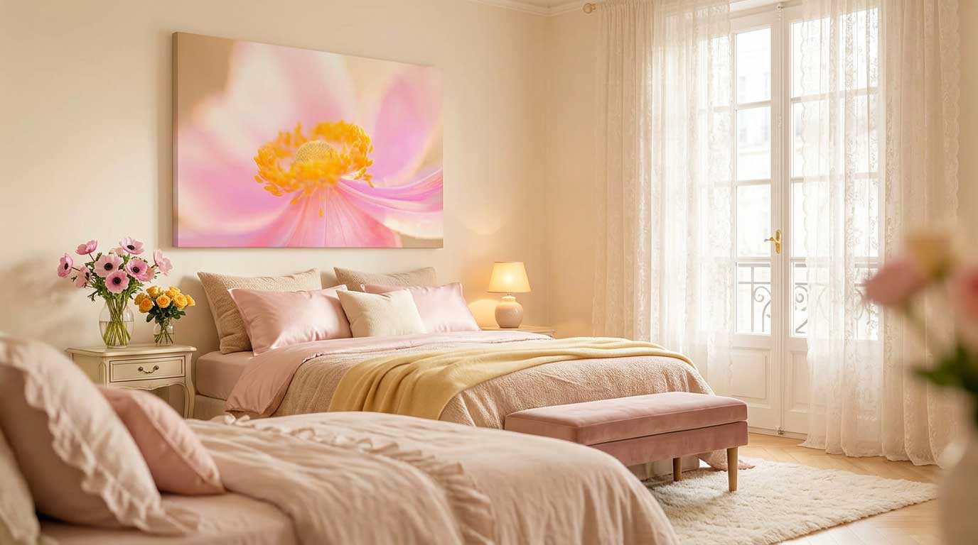 bedroom art print of white flower