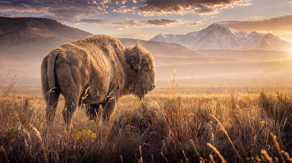 A large bison stands in a golden grassy field at sunrise, with misty mountains and a cloudy sky in the background.