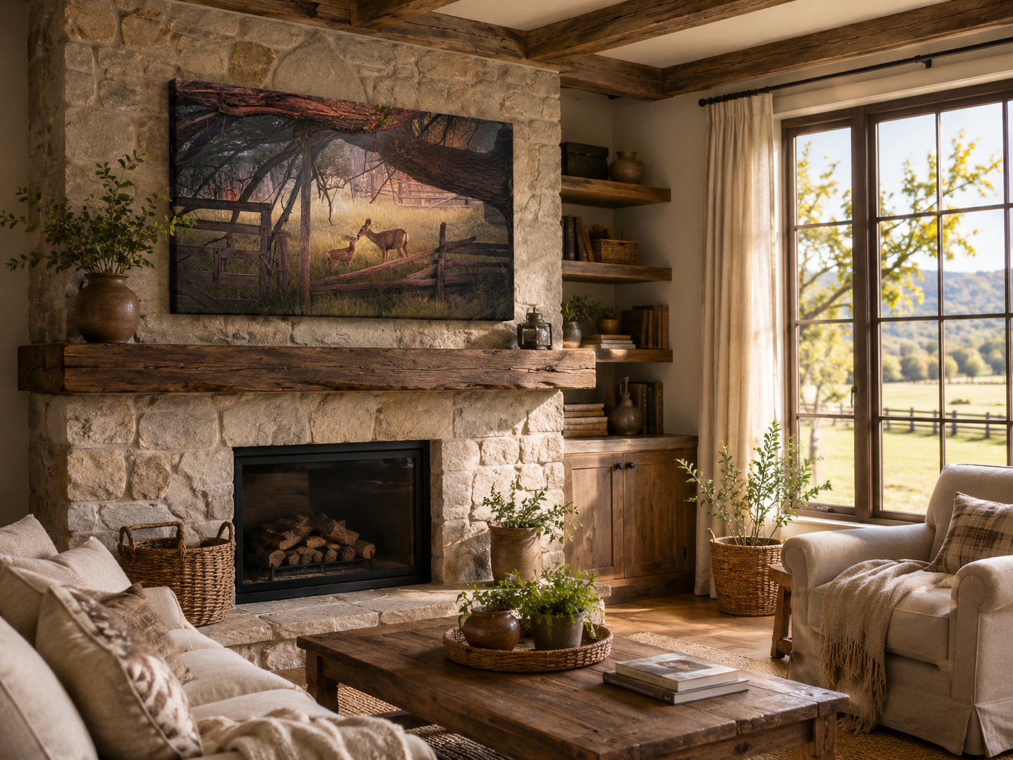 Deer and Fawn Wall Art displayed in a cozy modern farmhouse family room with rustic wood accents, natural textures, and warm countryside décor.