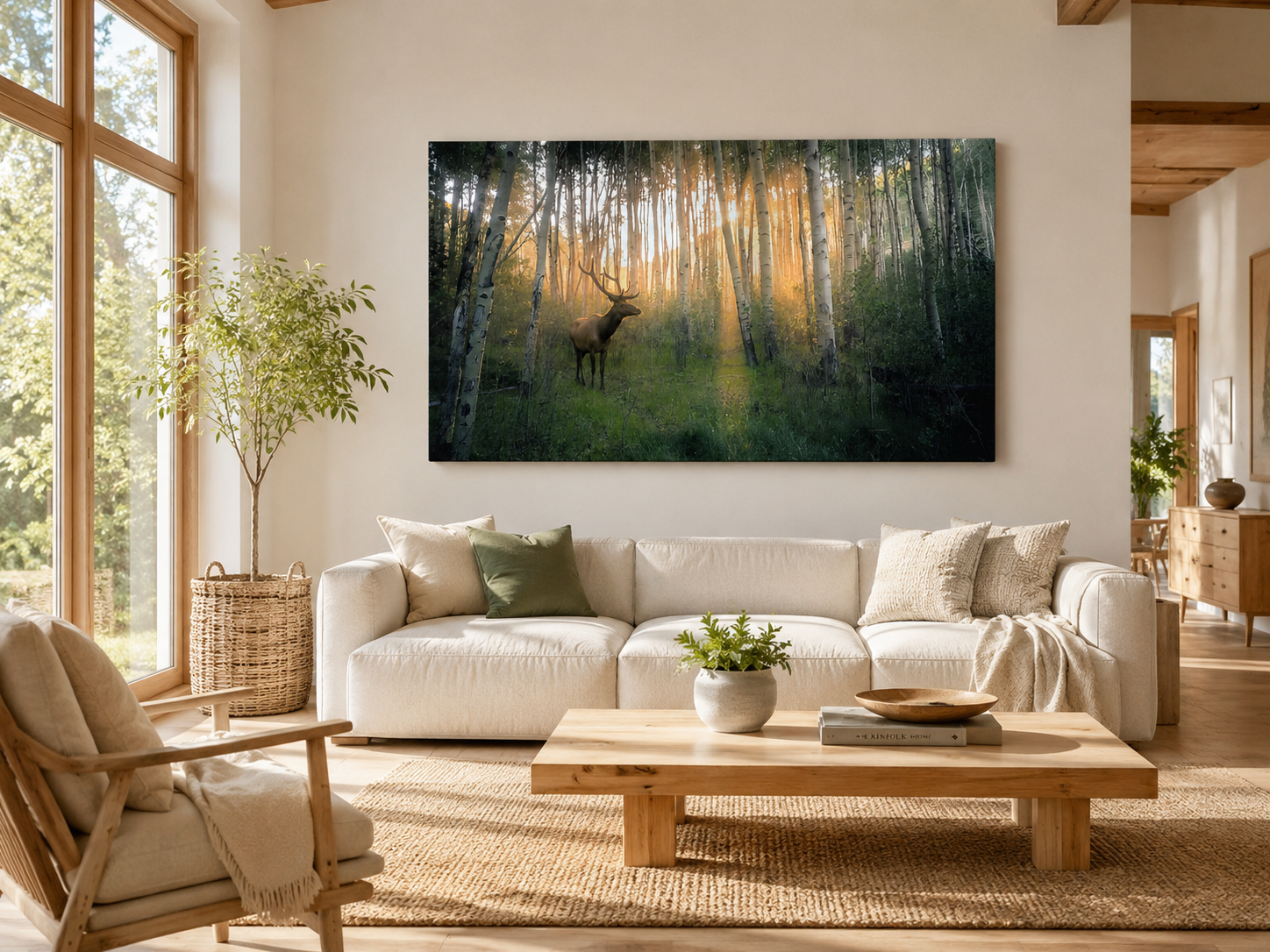 Deer in Woodland Grove Wall Art displayed in a bright Scandinavian living room with warm natural sunlight and woodland-inspired decor.