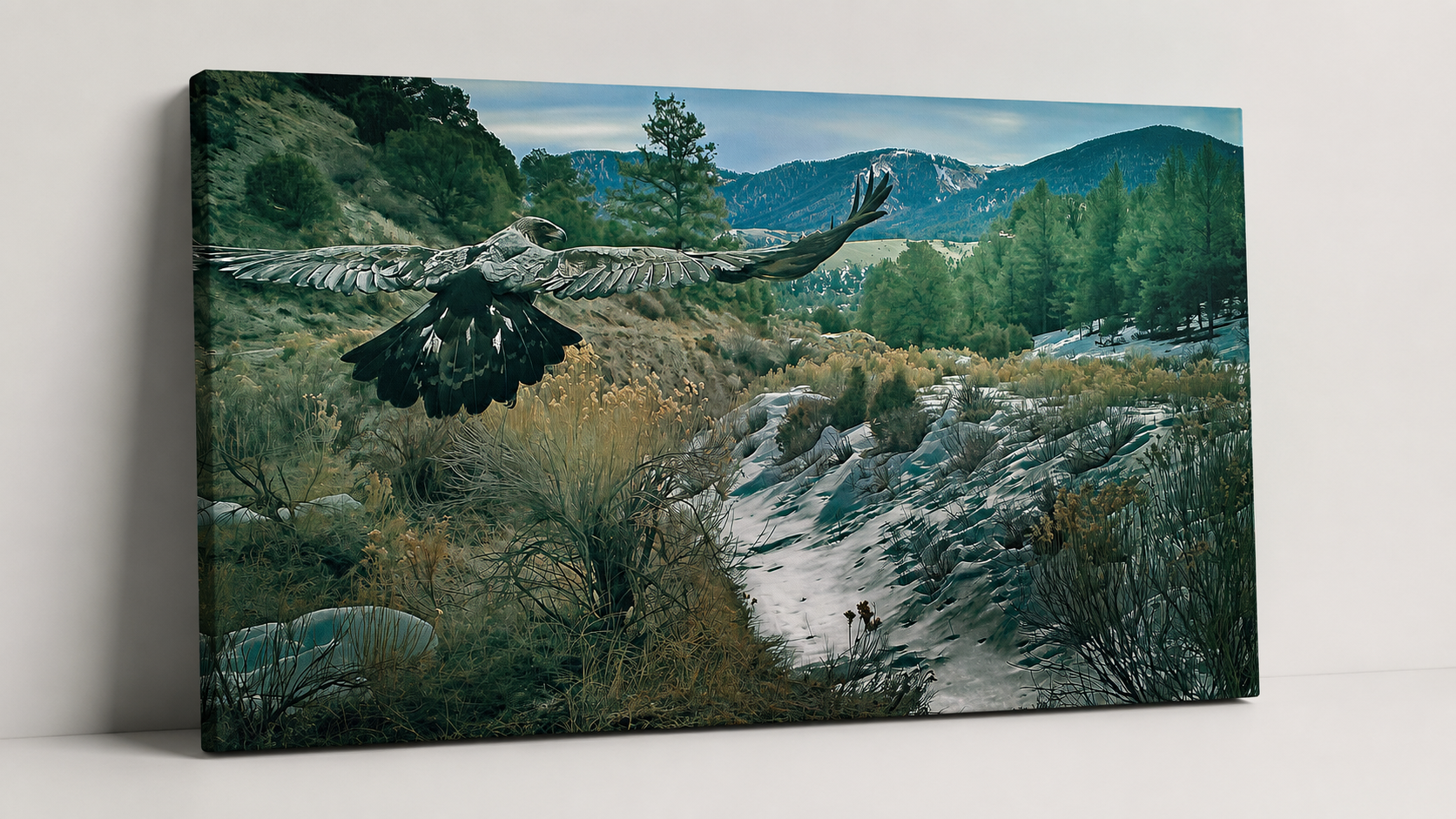 3D gallery wrapped canvas mockup of Eagle in Flight Wall Art featuring a soaring eagle over snowy mountain wilderness.