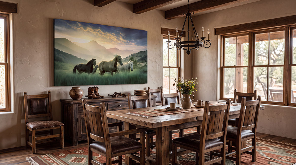 A dining room interior decor with a canvas print of running horses in a mountain meadow. This is an example of quality horse herd wall art.