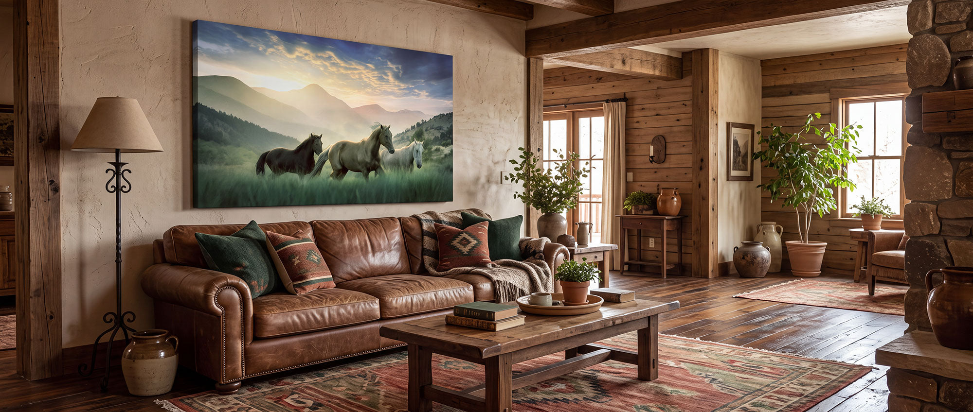 A western or ranch living room interior with a large canvas print showing a photograph of a herd of three running horses in a mountain meadow during sunset golden hour. This is an example of quality horse herd wall art.