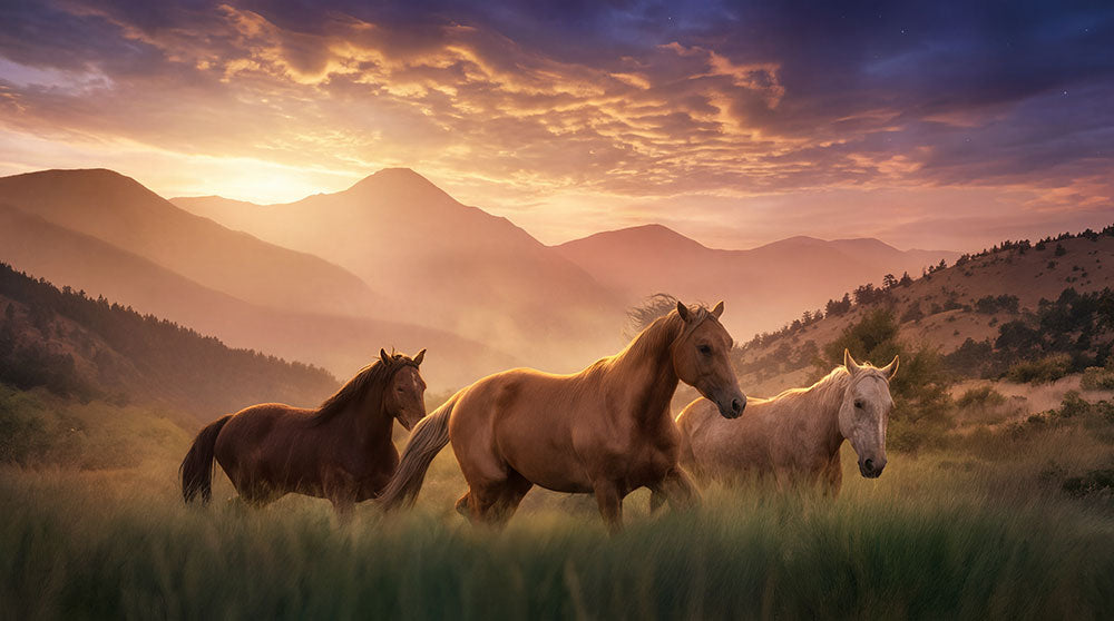 Three wild horses running through a grassy mountain landscape at sunset, with golden light, layered hills, and dramatic clouds in the sky.