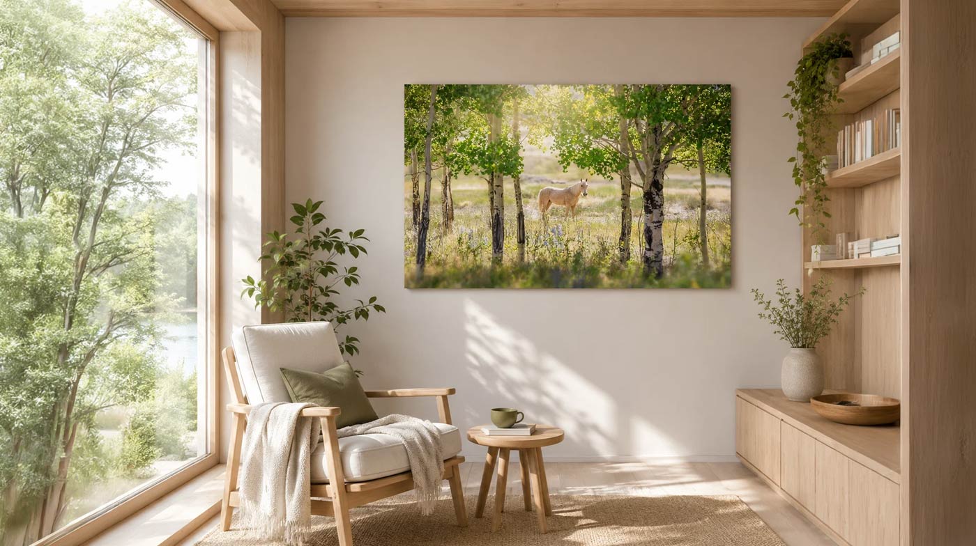 A framed landscape art print depicting a horse in a sunlit forest, displayed on a wall in a modern, minimalist room with a wooden chair, side table, and shelving.
