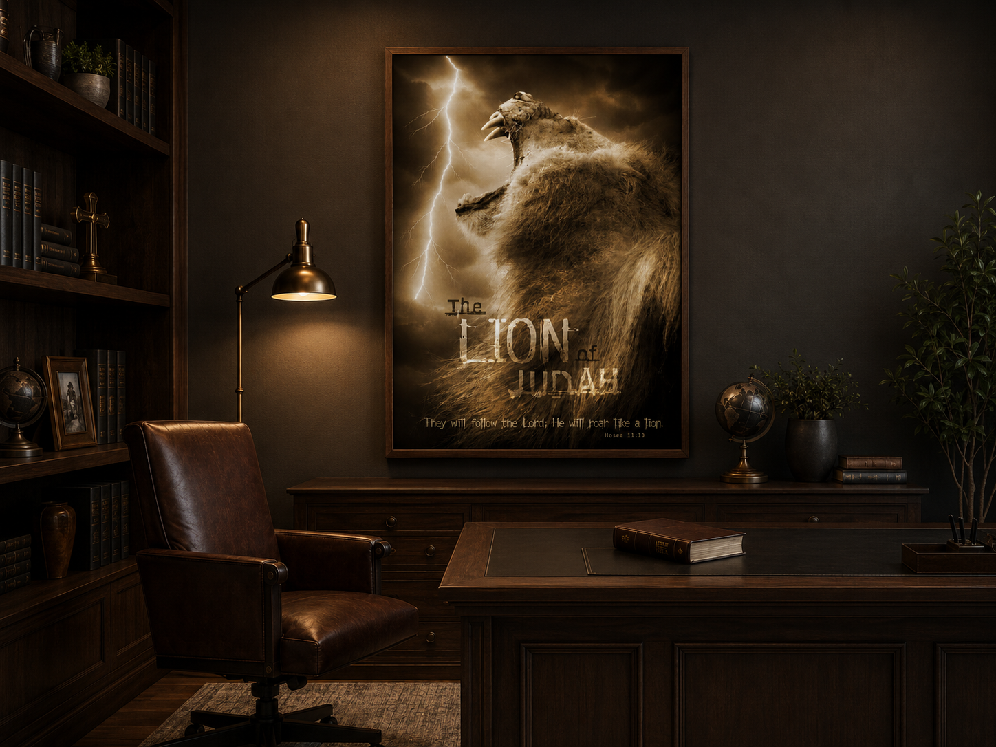 Lion of Judah Bible verse art in a walnut frame above a desk with warm lamp light in a Christian office