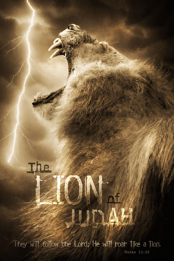 Lion of Judah Bible verse art with a roaring lion, lightning storm sky, and Hosea 11:10 text