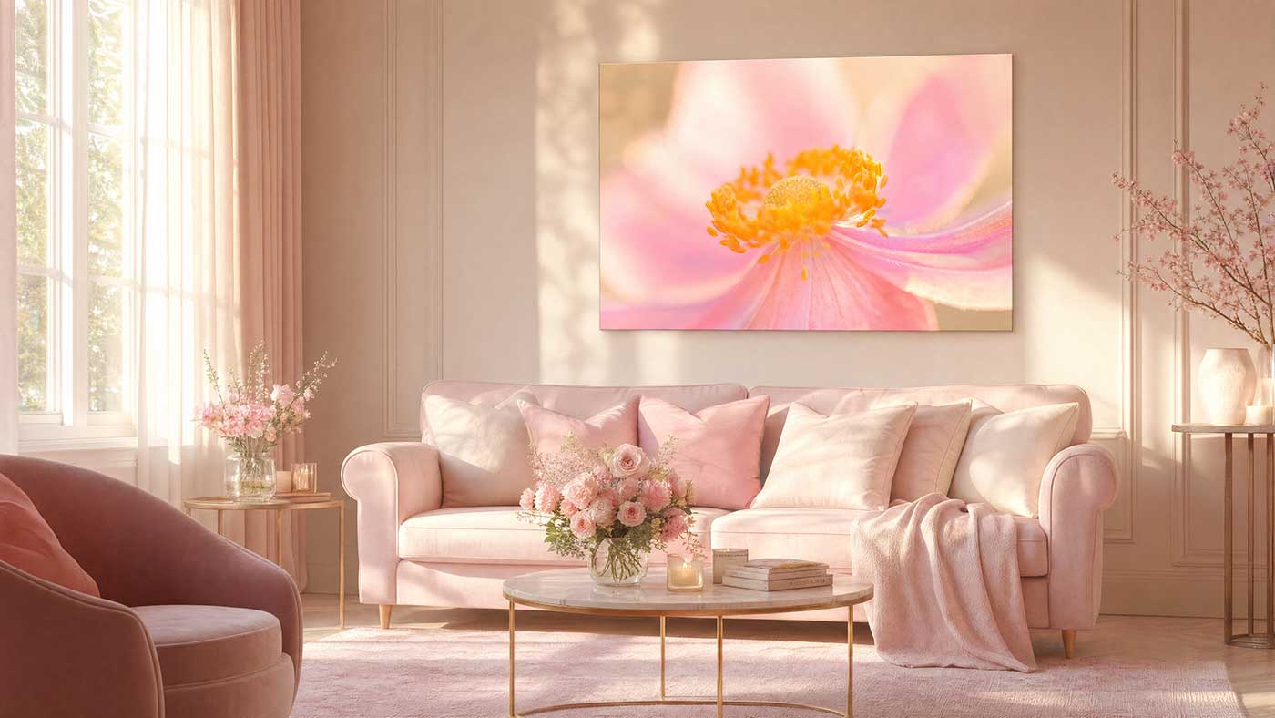 living room wall art print of white flower