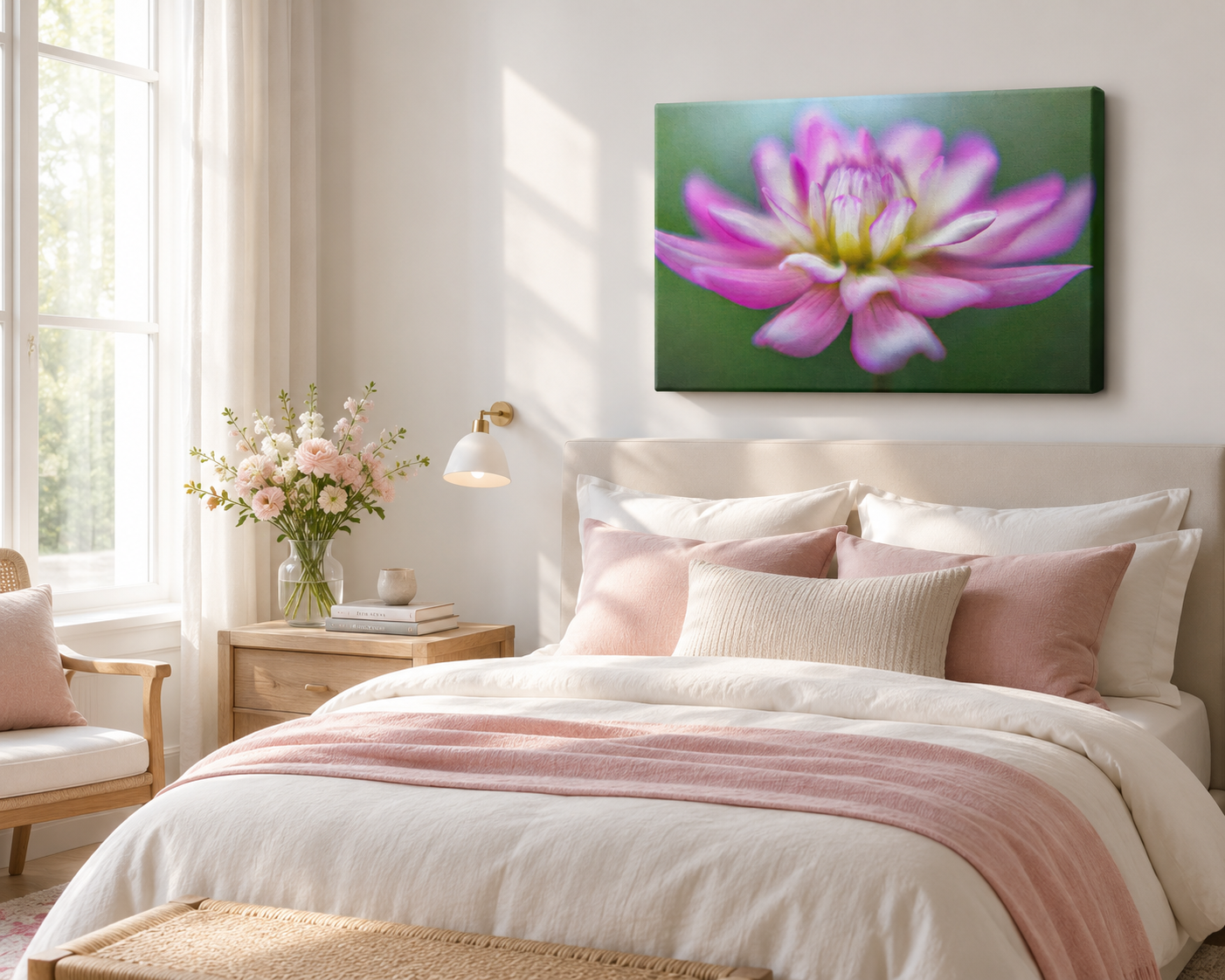 Pink Dahlia Wall Art gallery wrapped canvas print displayed in a bright contemporary bedroom with warm natural window light.