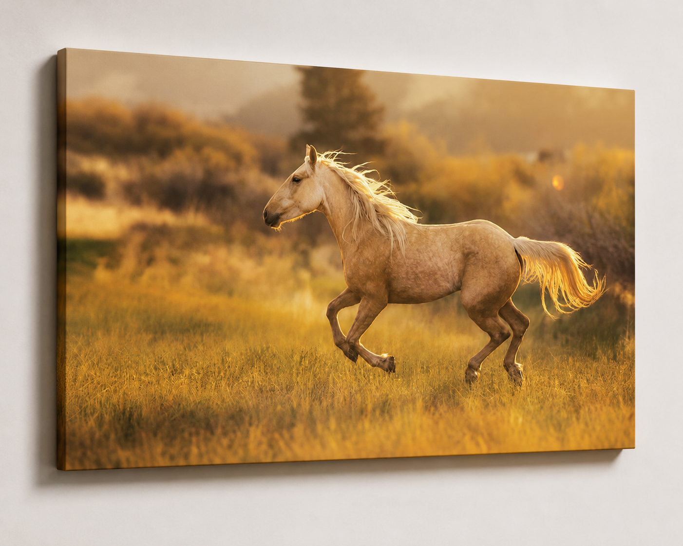 3D gallery wrap canvas mockup of Running Horse Wall Art featuring a golden horse running through a sunlit meadow on a thin premium museum-quality canvas