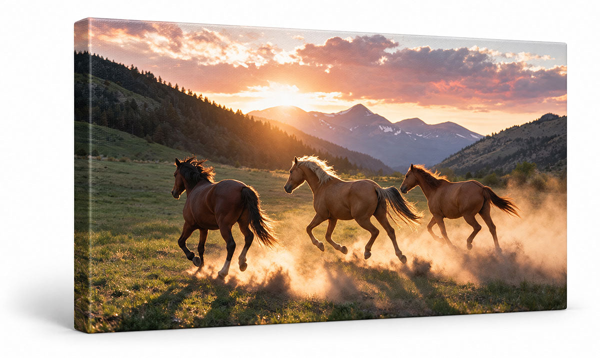Running horses in a mountain sunset landscape on a 3D canvas print mockup