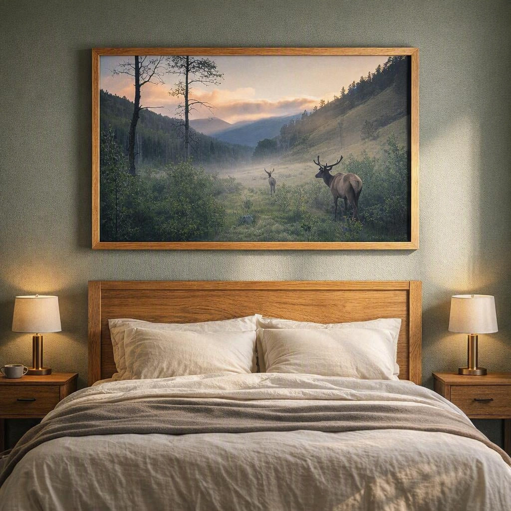 Two Elk Mountain Valley Wall Art – Misty Wildlife Photography Print