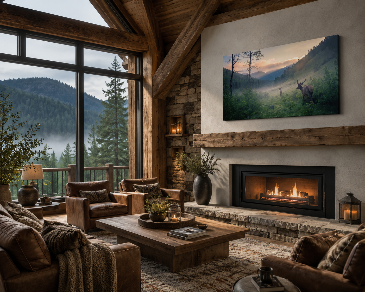 Two elk mountain valley canvas wall art displayed in a luxurious rustic lodge living room