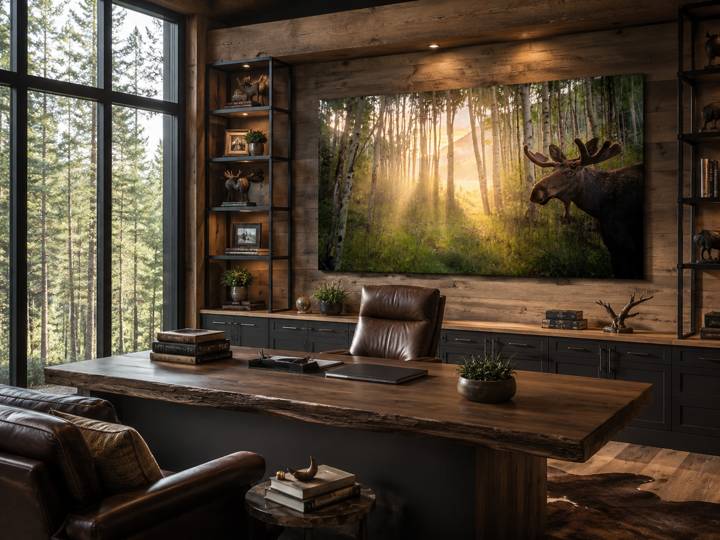 Velvet Antler Moose Wall Art displayed as a thin gallery wrapped canvas in a luxury wildlife inspired executive office