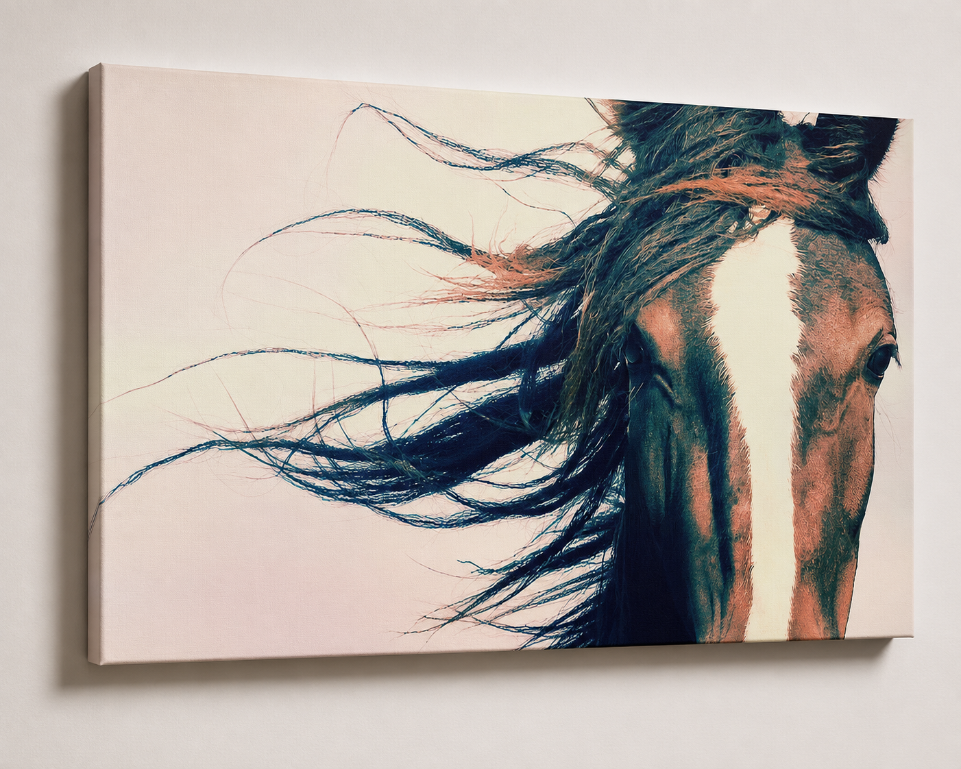 3D gallery wrap canvas mockup of Windblown Horse Wall Art featuring a windblown equestrian portrait photography print with a thin premium museum-quality canvas edge
