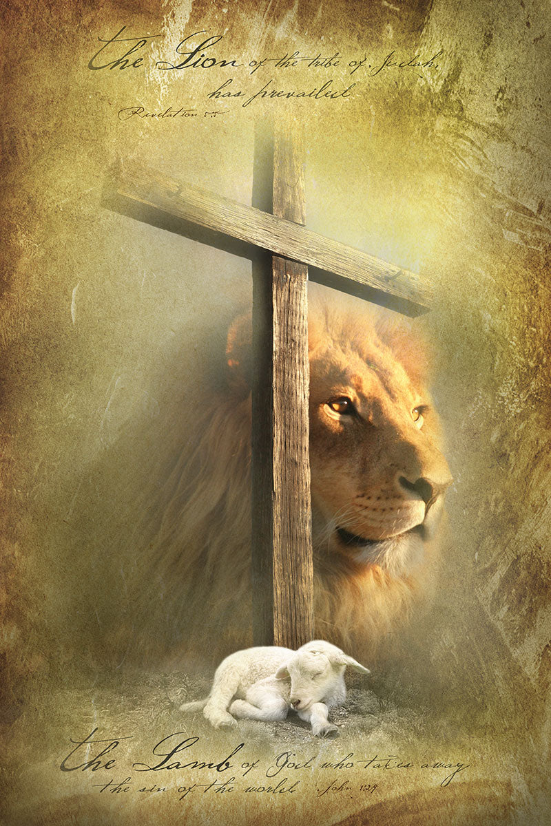 Lion of Judah and Lamb of God Christian Wall Art – Cross and Scripture Inspirational Canvas Print