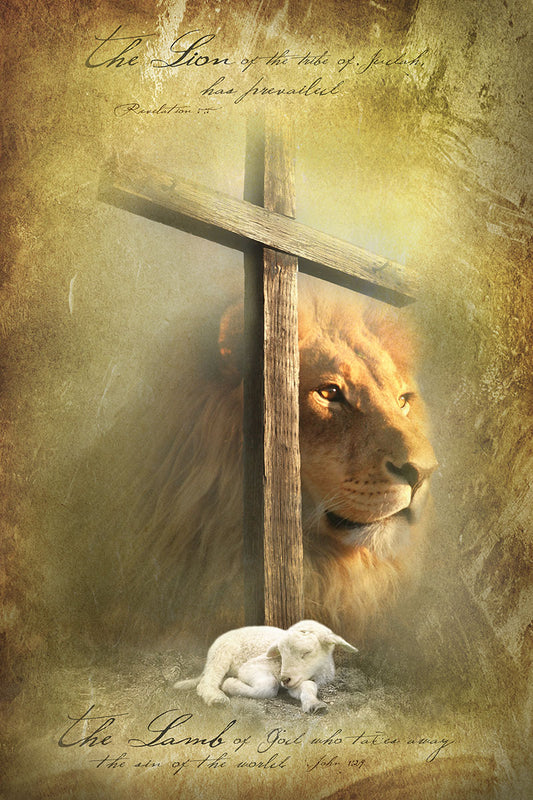 Lion of Judah and Lamb of God Christian Wall Art – Cross and Scripture Inspirational Canvas Print