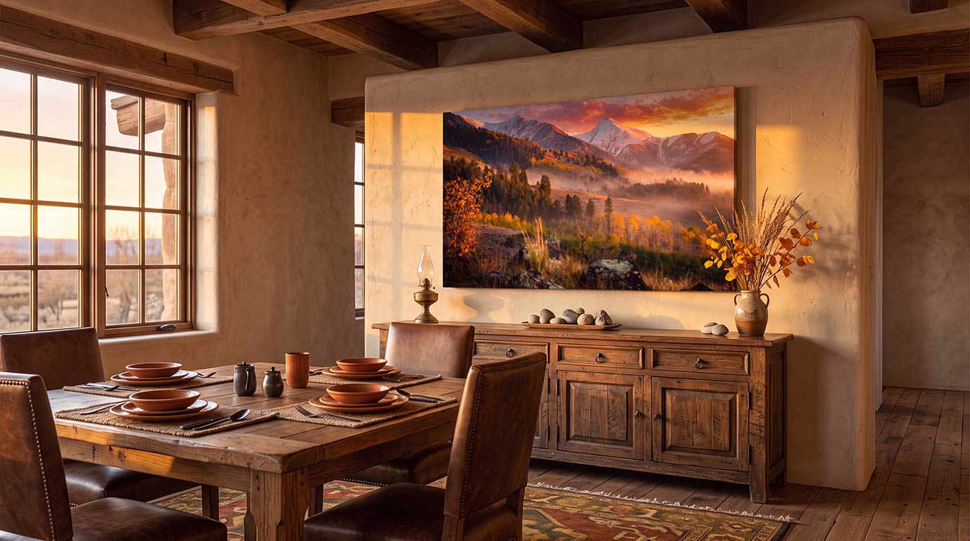 Colorado mountain wall art featuring golden aspen fall colors, snowy mountains and a misty landscape, in a cozy ranch dining room.