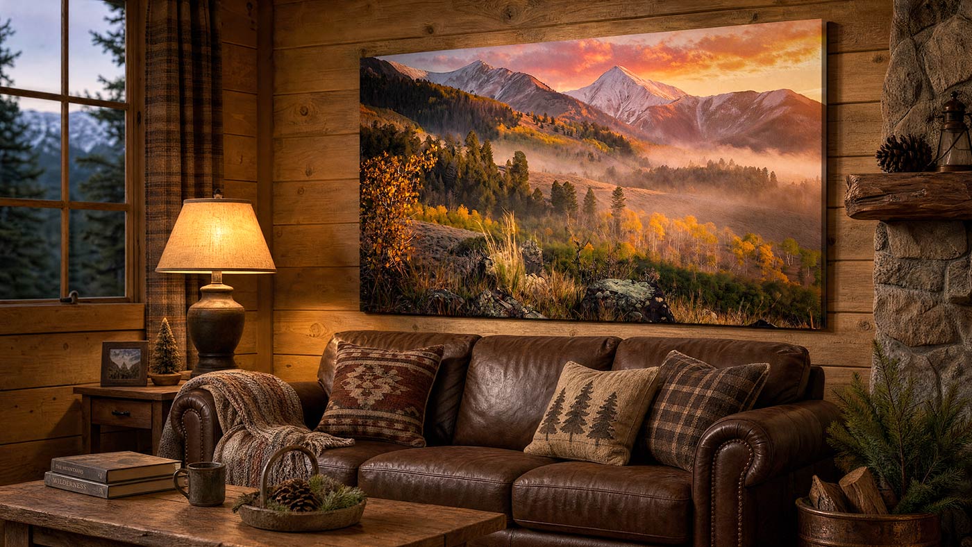 Colorado mountain wall art featuring golden aspen fall colors, snowy mountains and a misty landscape, in a western cabin living room.