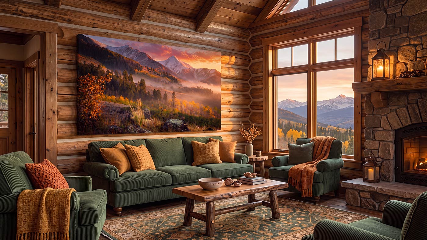Colorado wall art featuring golden aspen fall colors, snowy mountains and a misty landscape.