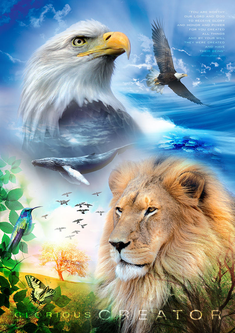 Glorious Creator Christian Wall Art – Lion, Eagle, Ocean, and Creation Faith Canvas Print