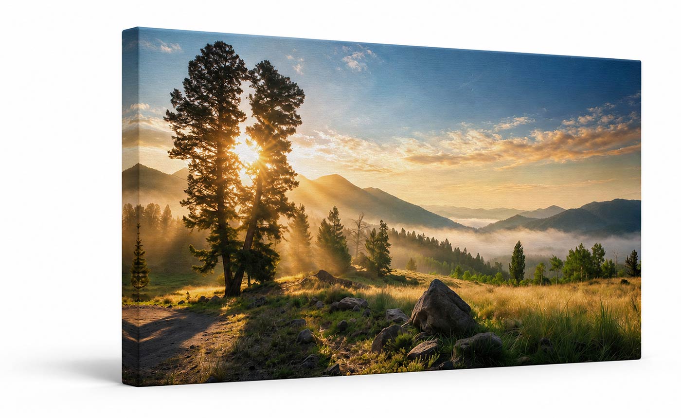 A rectangular canvas wall art print showing a mountain landscape at sunrise, with a bright sunburst through trees, misty valleys, grassy fields, and rocks. The canvas is photographed at a slight angle against a clean white background.