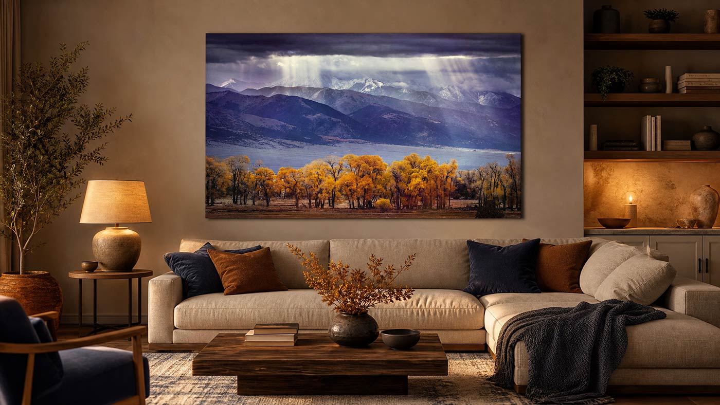 Colorado mountain Fall Colors wall art displayed in a living room
