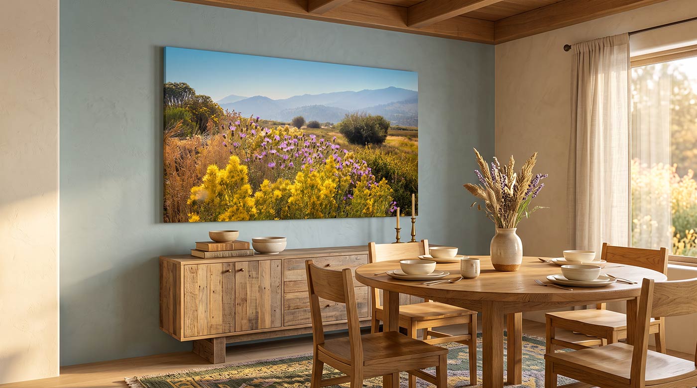 Mountain wildflower wall art featuring yellow and purple flowers in a sunlit meadow valley with distant blue peaks in a beautiful dining room interior