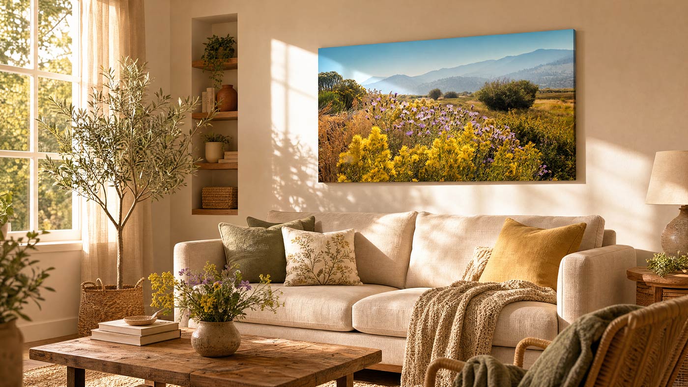 Mountain wildflower wall art featuring yellow and purple flowers in a sunlit meadow valley with distant blue peaks, in a cozy interior of a living room