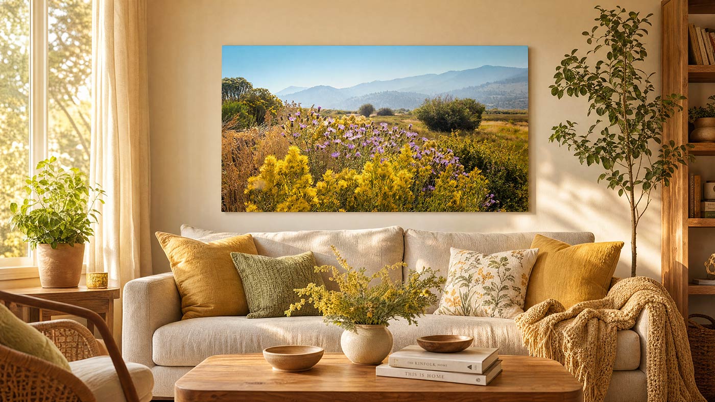 Mountain wildflower wall art featuring yellow and purple flowers in a sunlit meadow valley with distant blue peaks in a beautiful interior