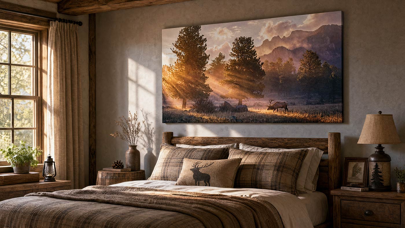 Panoramic elk wall art featuring a golden sunrise over a mountain forest, displayed in a bedroom.