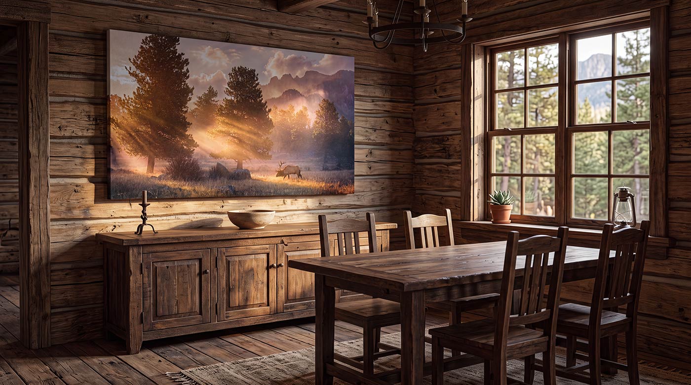 Panoramic elk wall art featuring a golden sunrise over a mountain forest, displayed in a dining room.
