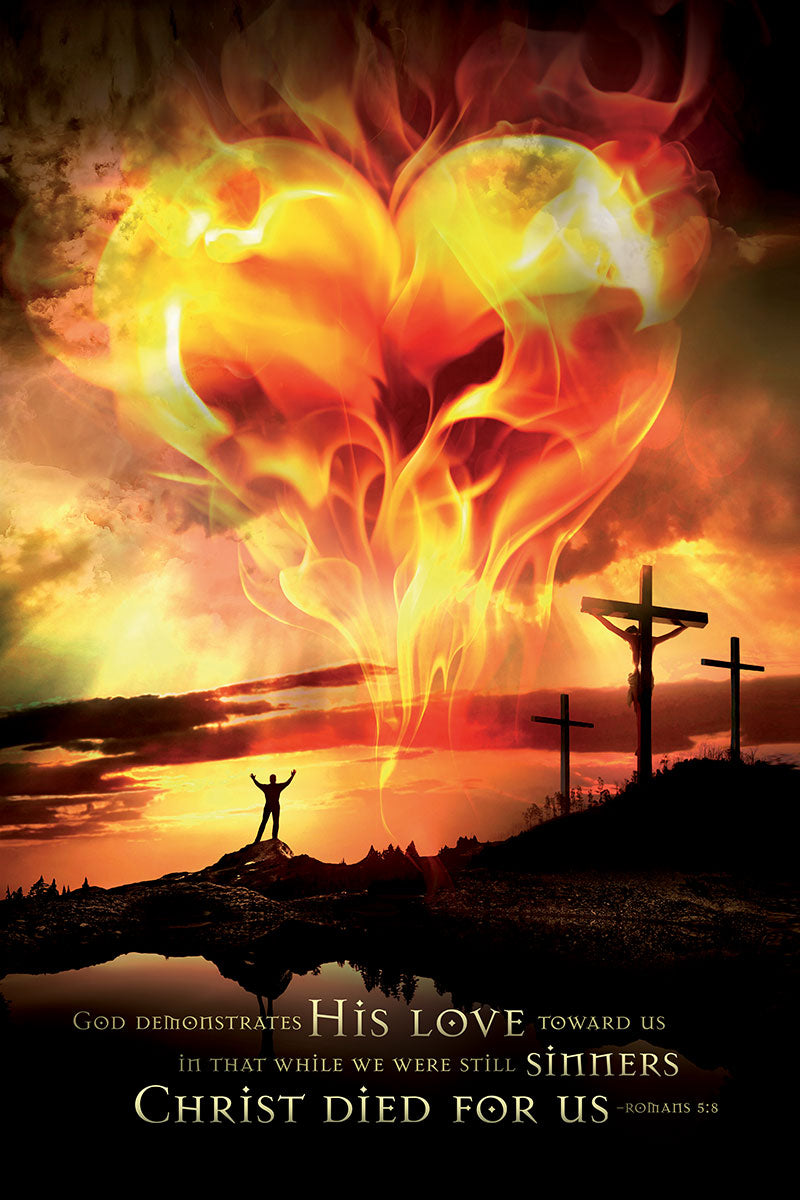 Christ Died for Us – Romans Five Eight Christian Wall Art with Crosses and Flame Heart