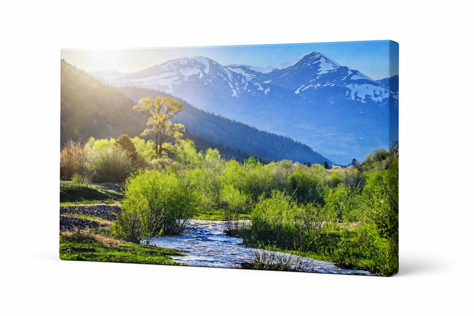 A rectangular canvas wall art print showing a mountain landscape with snow-capped peaks, blue mountains, green trees, and a small stream in the foreground, photographed on a white background.