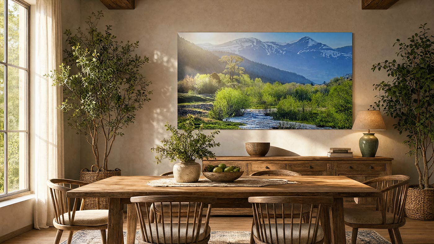 A large rectangular wall art print showing a mountain river landscape hangs above a wooden dining table in a styled dining room with chairs, plants, and warm natural light.