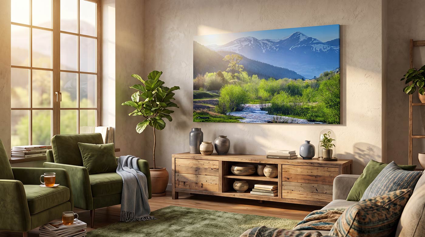 A large rectangular wall art print showing a mountain landscape with green fields and a river, displayed above a wooden console in a styled living room with green chairs, pillows, plants, and warm natural light from a window.