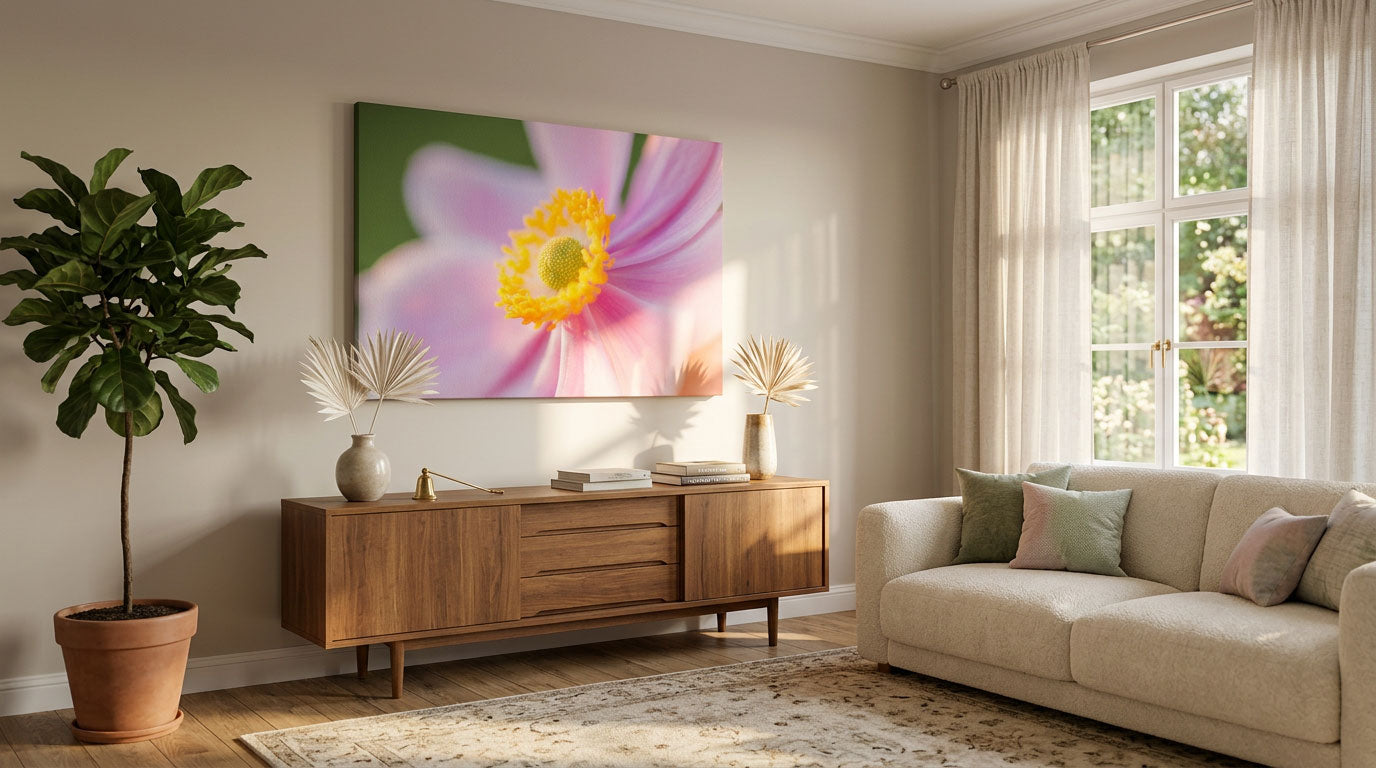 Soft Pink Anemone Bloom Macro – Elegant Floral Fine Art Print Living Room Wall Art 