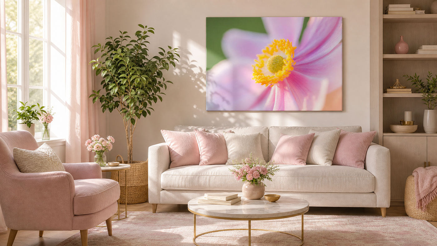 Soft Pink Anemone Bloom Macro Wall Art Elegant Floral Fine Art Print Living Room