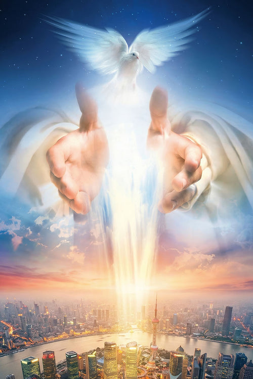 Divine Light Over the City – Holy Spirit Christian Wall Art of God’s Hands and Heavenly Peace