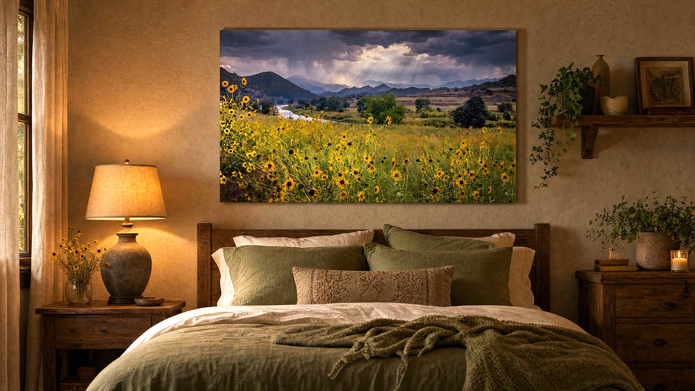 A framed landscape wall art print depicting a sunflower field and mountains, displayed above a bed in a warmly lit bedroom.