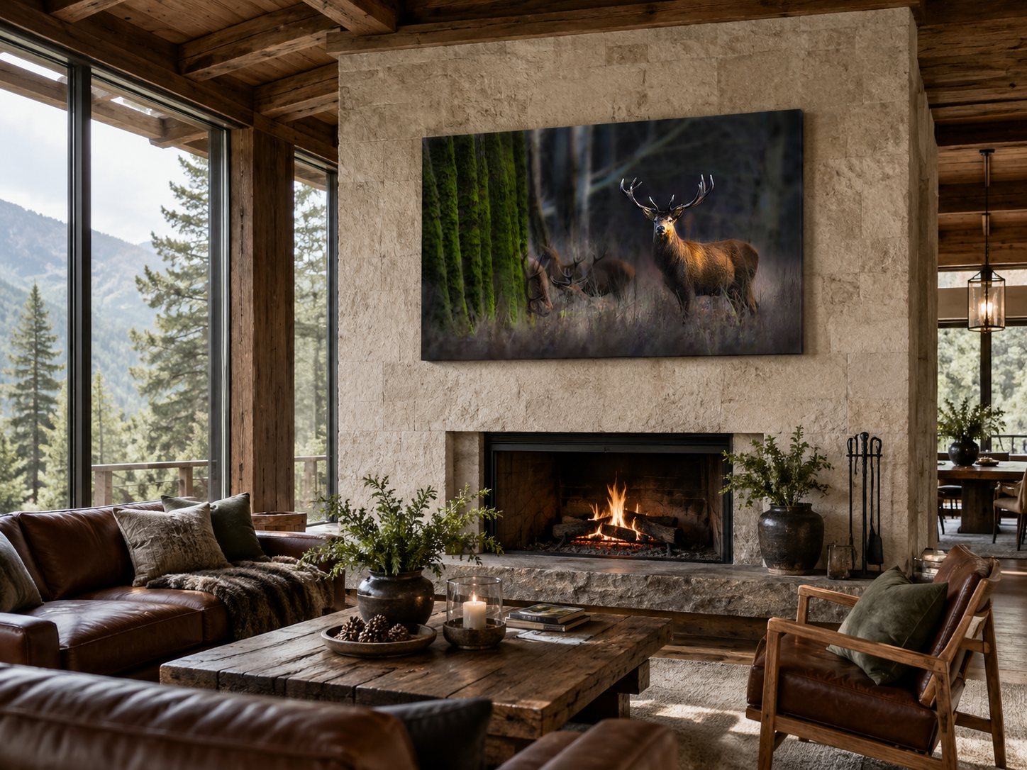 Antlered Deer Wall Art displayed above a stone fireplace inside a luxury mountain lodge living room.