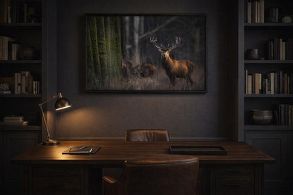 Antlered Deer Wall Art – Moody Dark Forest Wildlife Photography Print