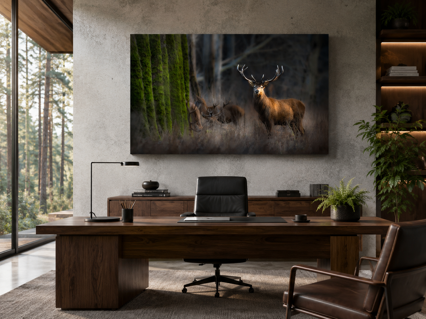 Antlered Deer Wall Art displayed in a modern nature-inspired executive office with forest views.