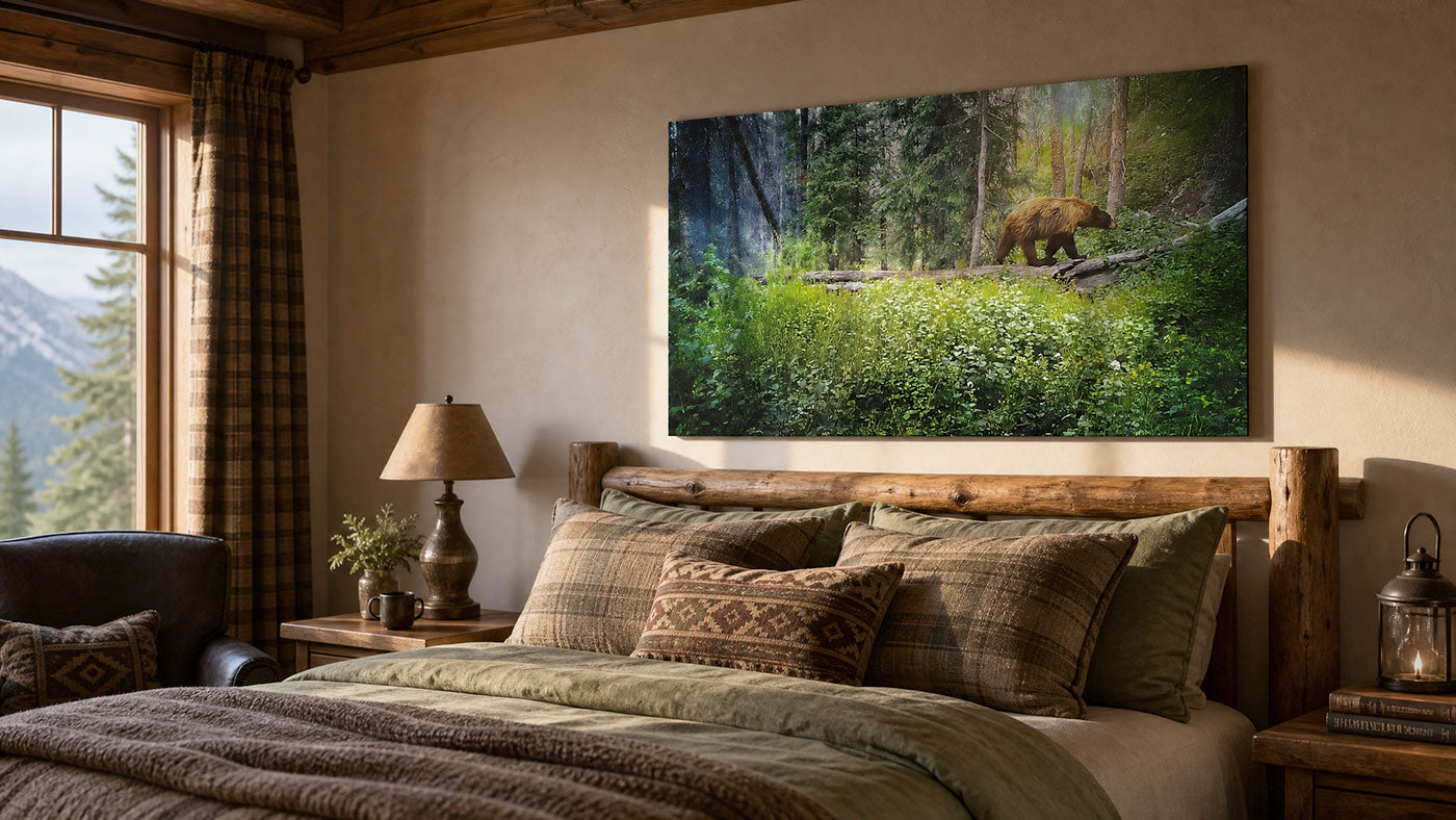 A large rectangular wall art print depicting a forest scene with a brown bear, displayed above a rustic bed in a warm, styled bedroom.