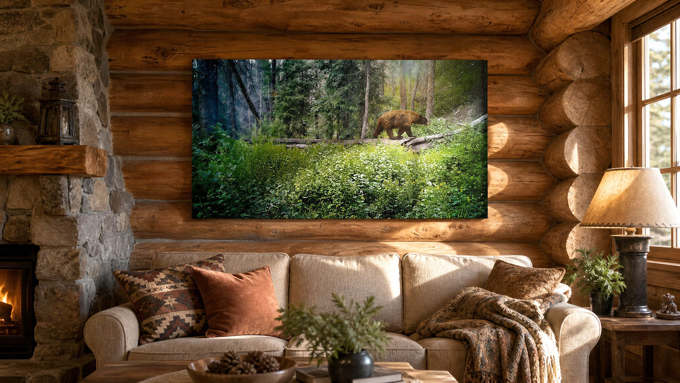 A large rectangular wall art print showing a forest scene with a bear walking through green undergrowth, displayed above a beige sofa in a rustic log cabin living room.
