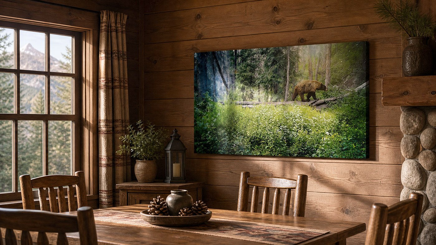 A framed wall art print depicting a bear in a lush green forest hangs on a rustic wood-paneled wall above a wooden dining table in a cabin-style room.