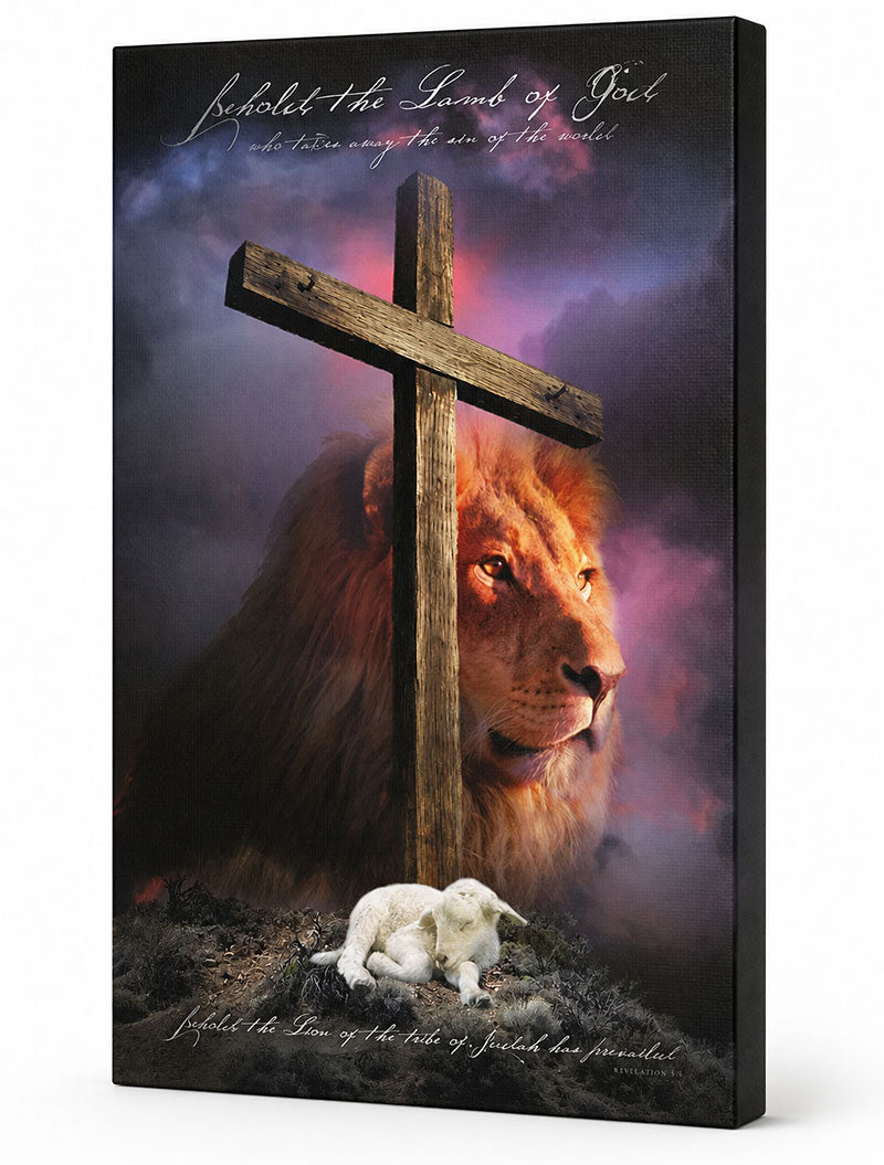 Lion, lamb, and wooden cross beneath “Behold the Lamb of God” in a dark purple sky. Canvas print mockup.