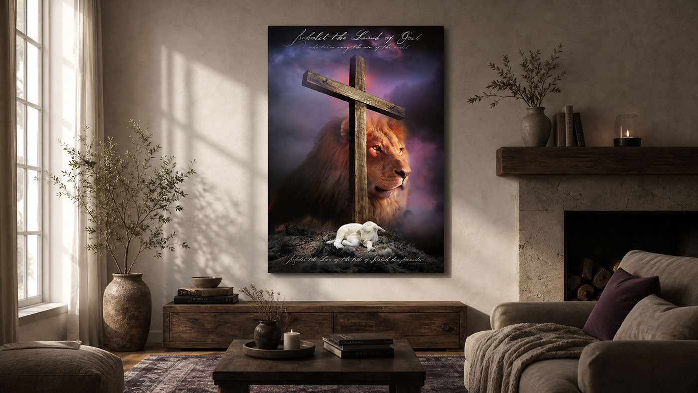 A vertical canvas wall art print displayed in a cozy living room setting. The artwork features a majestic lion behind a wooden cross, with a small white lamb lying at its feet against a dramatic purple and blue sky.